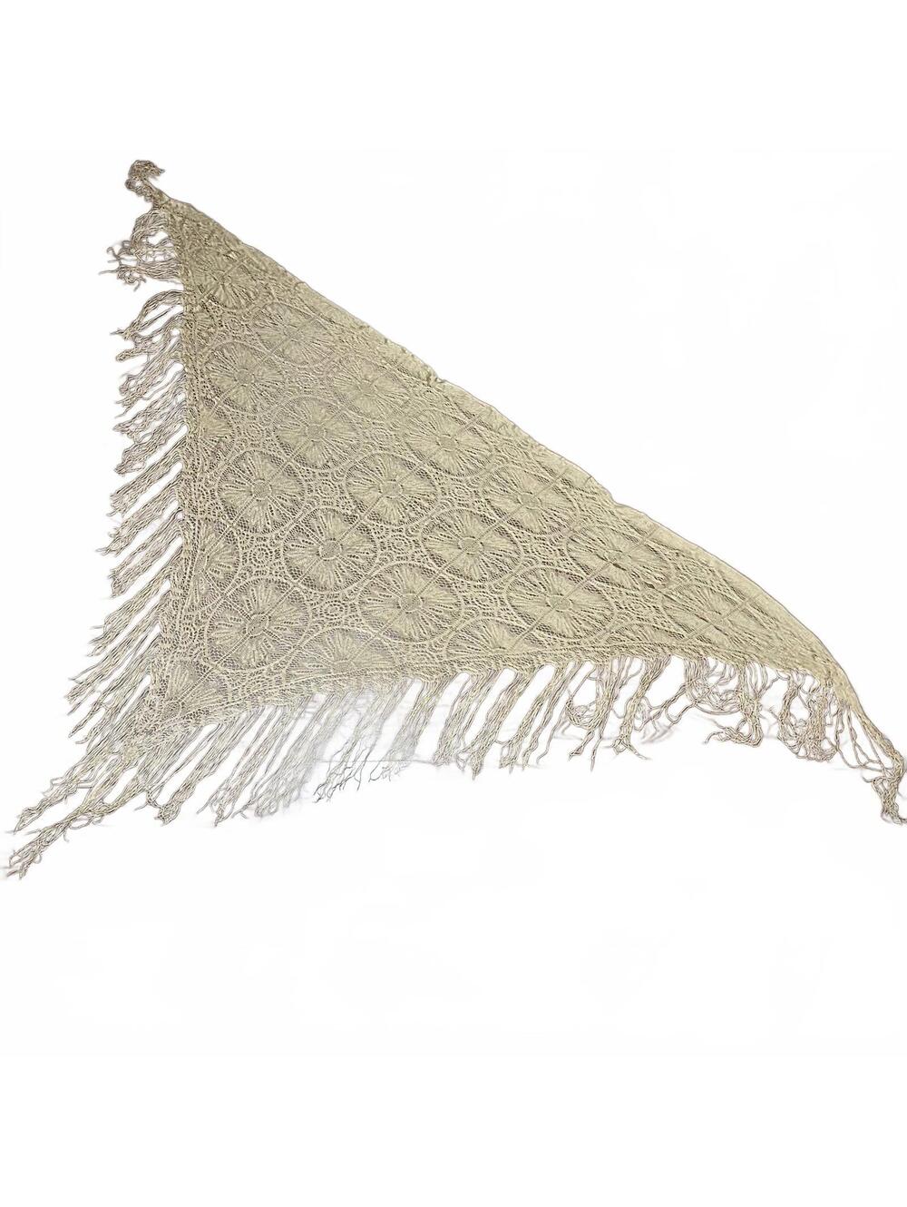 Vintage Cream Lace Shawl Floral with Fringe Boho Elegant Romantic